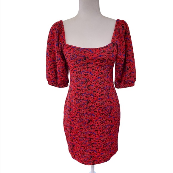 NWT Free People Red Combo Puffy Sleeve Mini Dress XS - Picture 2 of 15